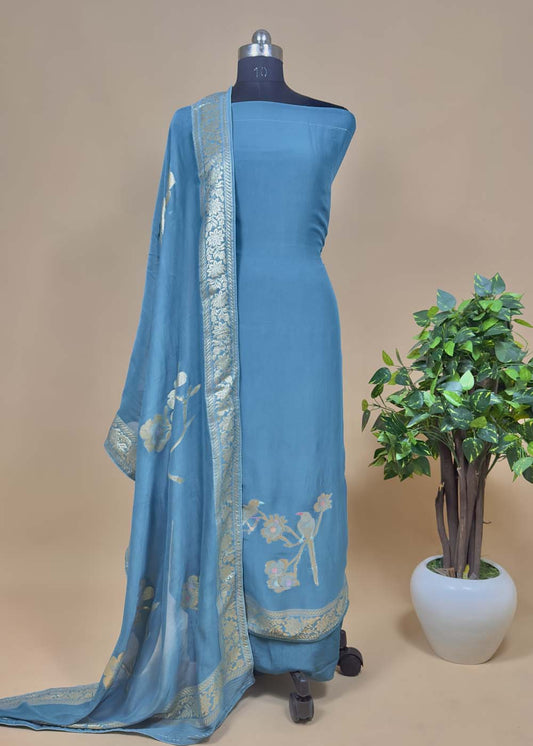 Blue Georgette Organza Suit With Zari Weaving