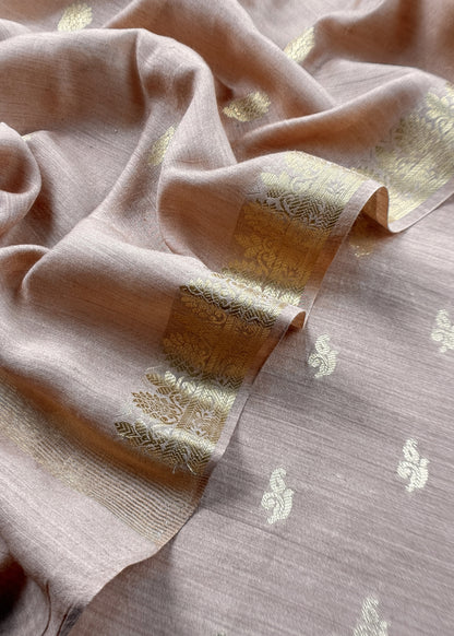 Beige Handloom Munga Silk Suit With Zari Weaving