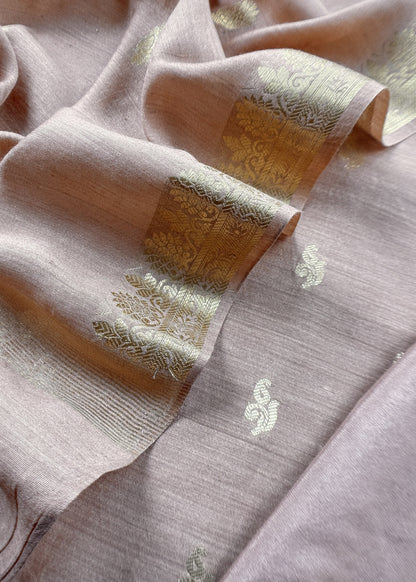 Beige Handloom Munga Silk Suit With Zari Weaving