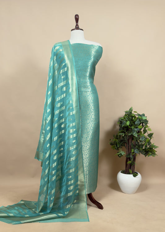 Blue Banarasi Silk Brocade Suit With Organza Dupatta