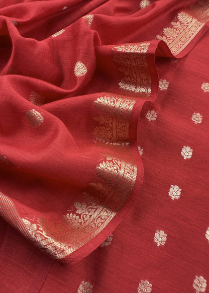 Red Handloom Munga Silk Suit With Zari Weaving