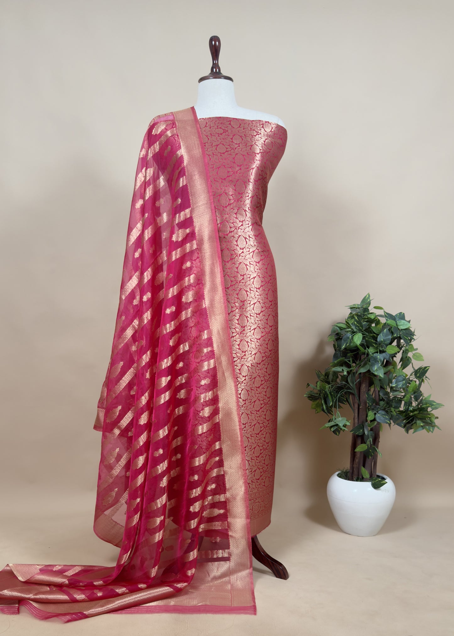 Green Banarasi Silk Brocade Suit With Organza Dupatta