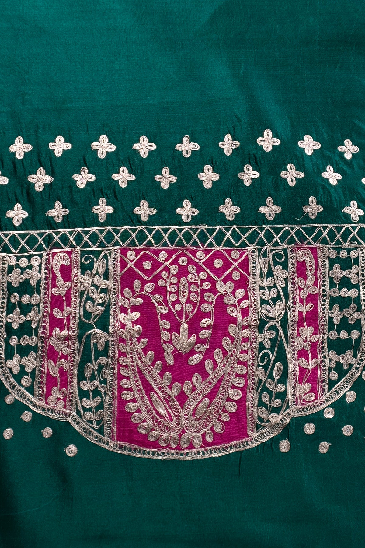 Bottle Green Handloom Silk Suit With Pitta Work