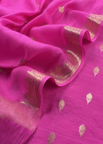 Pink Handloom Munga Silk Suit With Zari Weaving