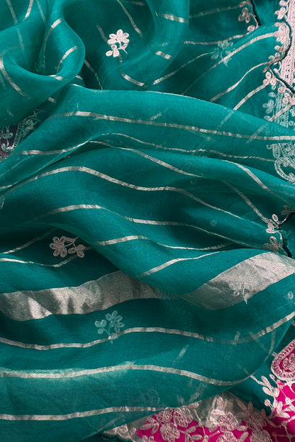 Bottle Green Handloom Silk Suit With Pitta Work