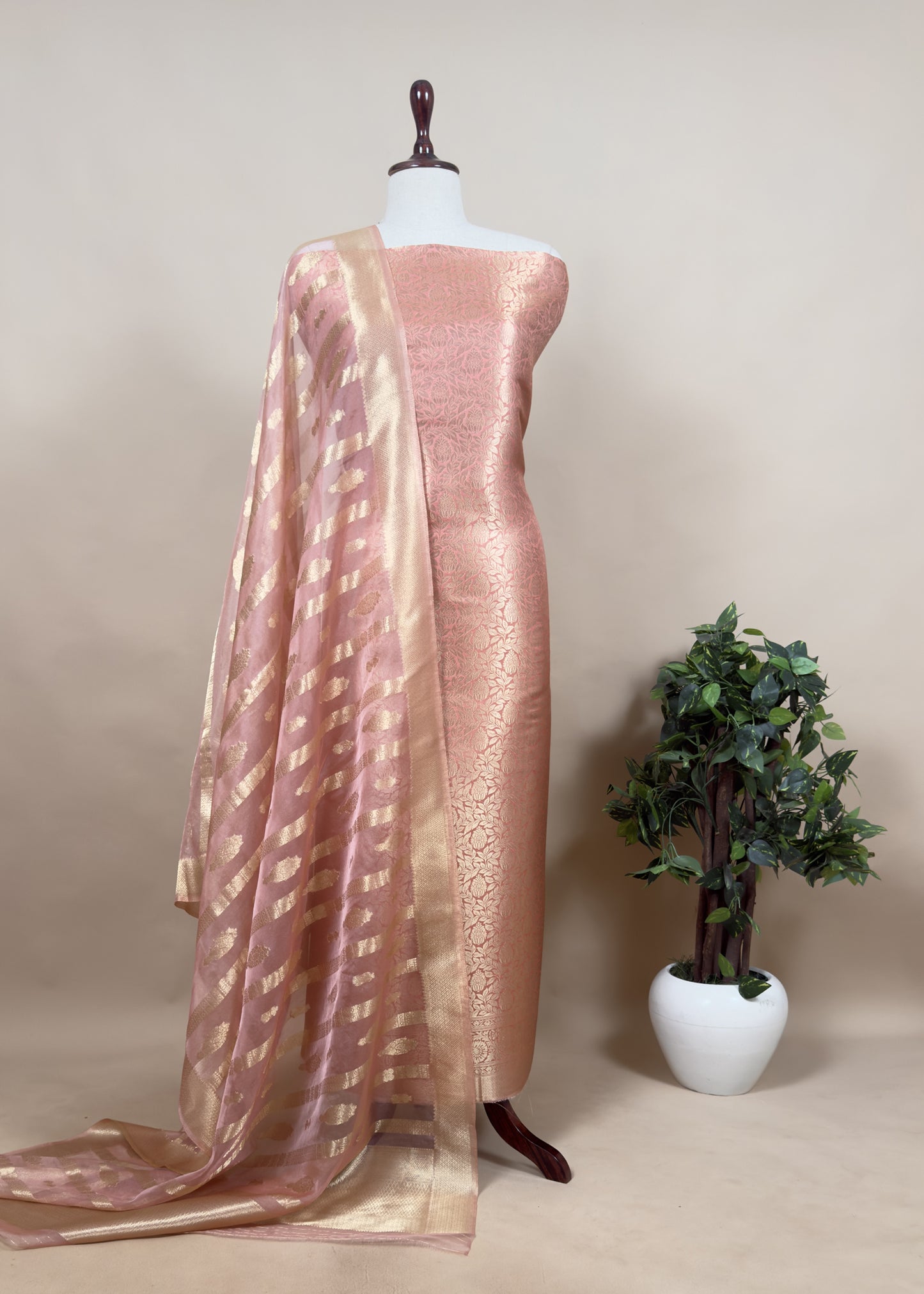 Pink Banarasi Silk Brocade Suit With Organza Dupatta