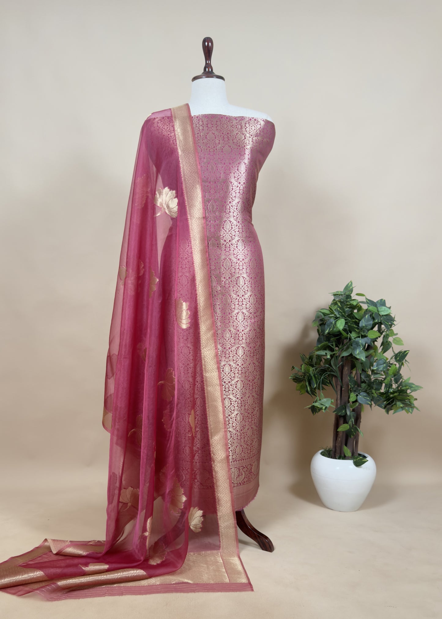 Yellow Banarasi Silk Brocade Suit With Organza Dupatta