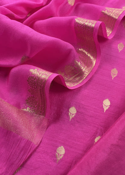 Pink Handloom Munga Silk Suit With Zari Weaving