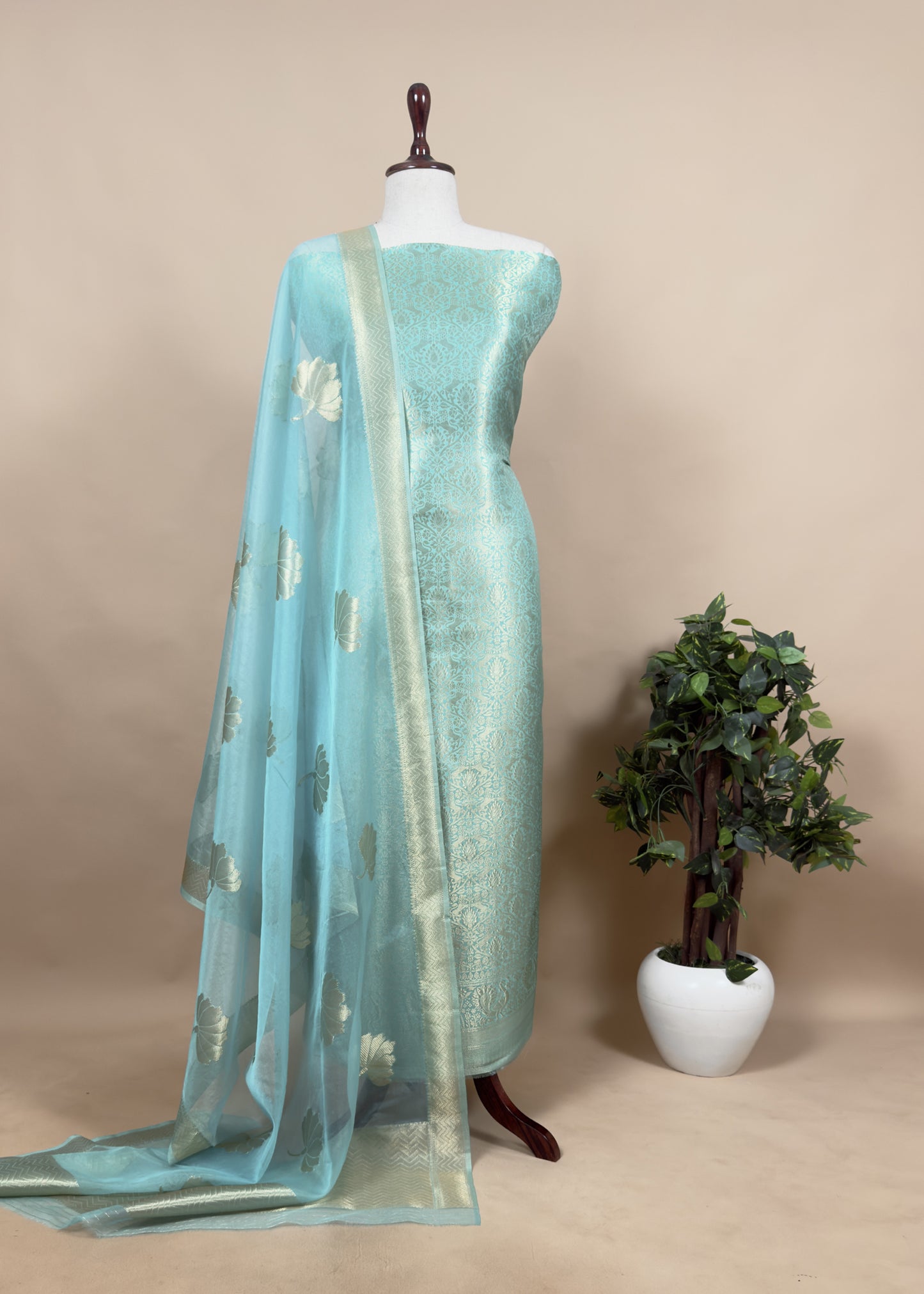 Yellow Banarasi Silk Brocade Suit With Organza Dupatta