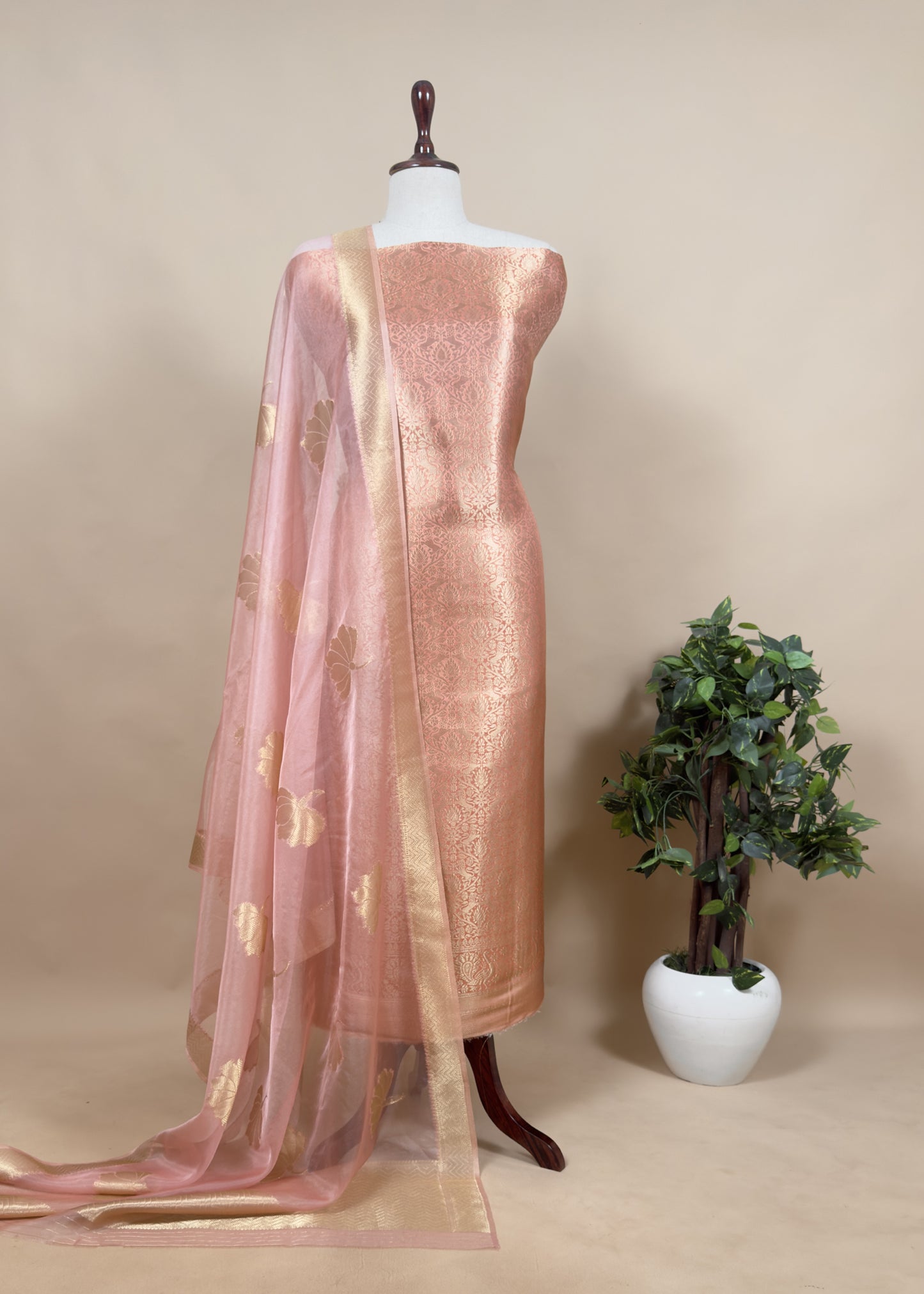 Redish Pink Banarasi Silk Brocade Suit With Organza Dupatta