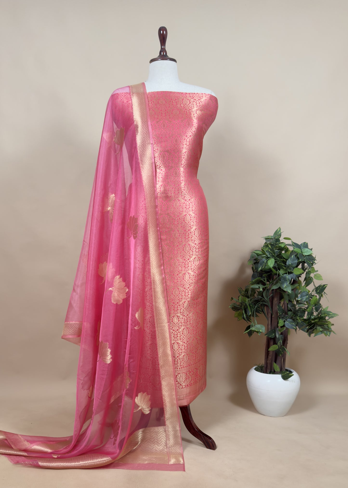 Redish Pink Banarasi Silk Brocade Suit With Organza Dupatta