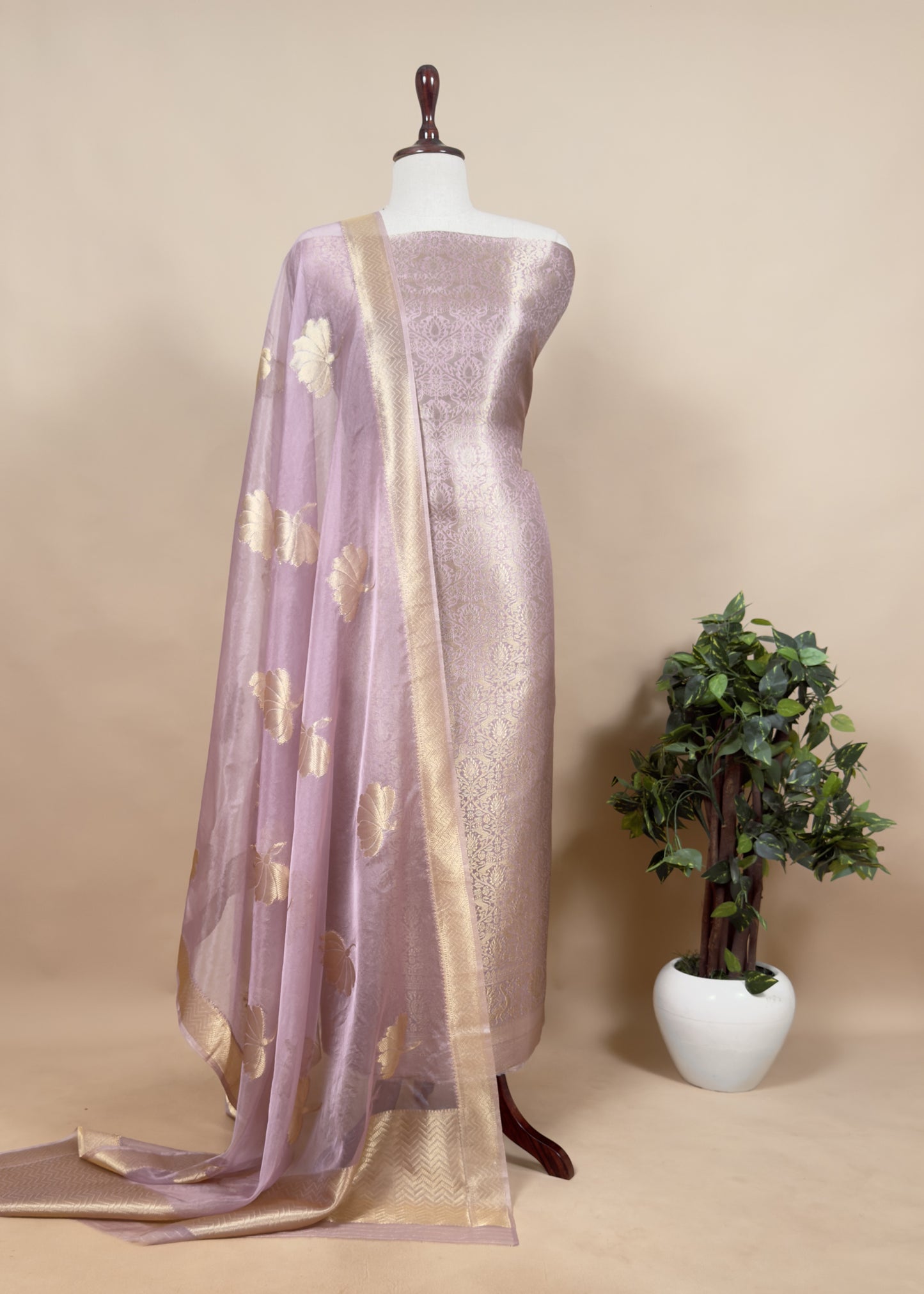 Redish Pink Banarasi Silk Brocade Suit With Organza Dupatta