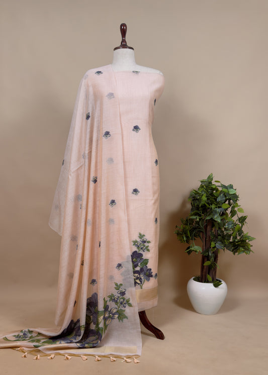 Peach Floral Jamdani Weaved Unstitched Suit In Chandri