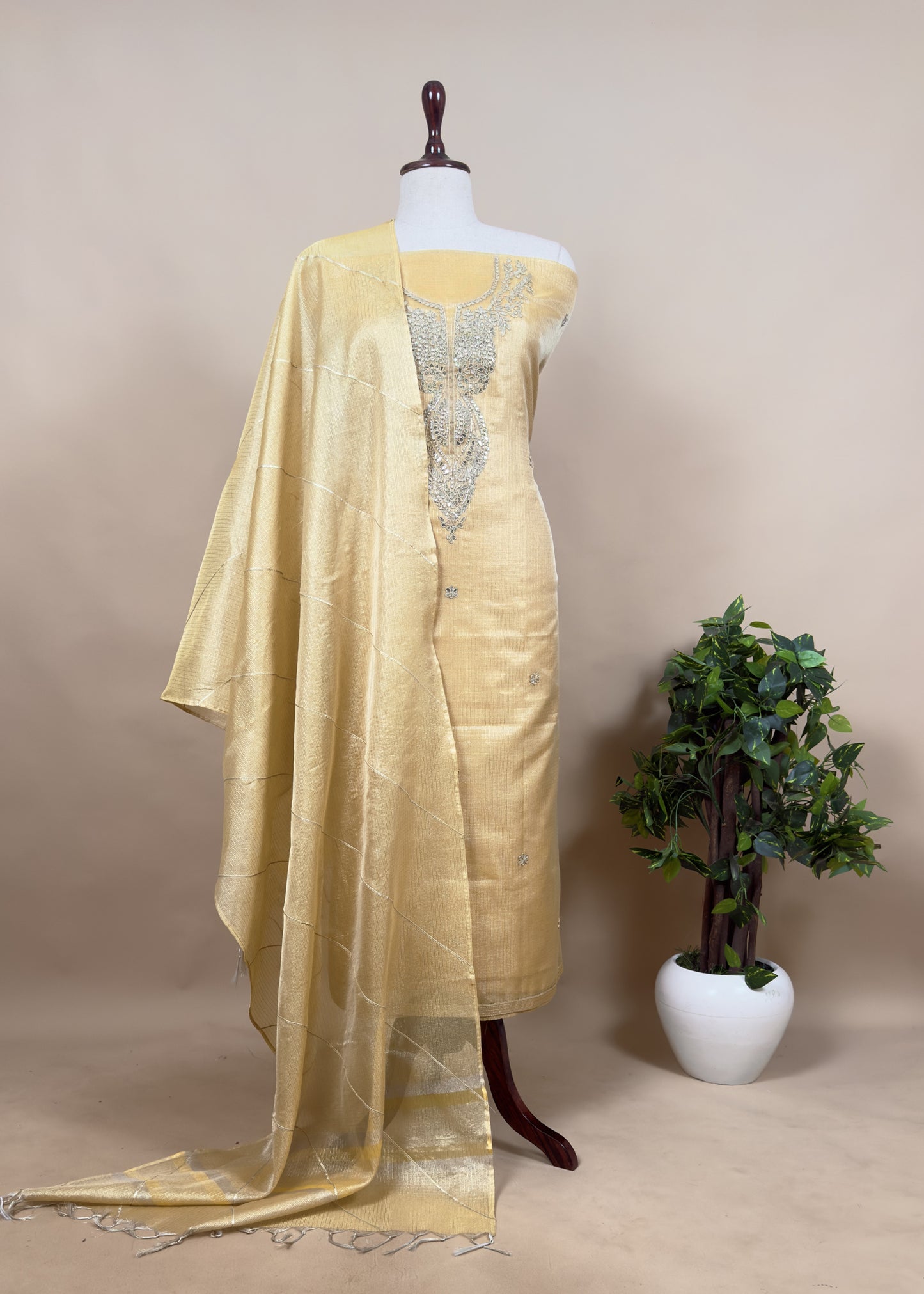 Beige Tissue Kota Unstitched Suit With Hand Sequins Work