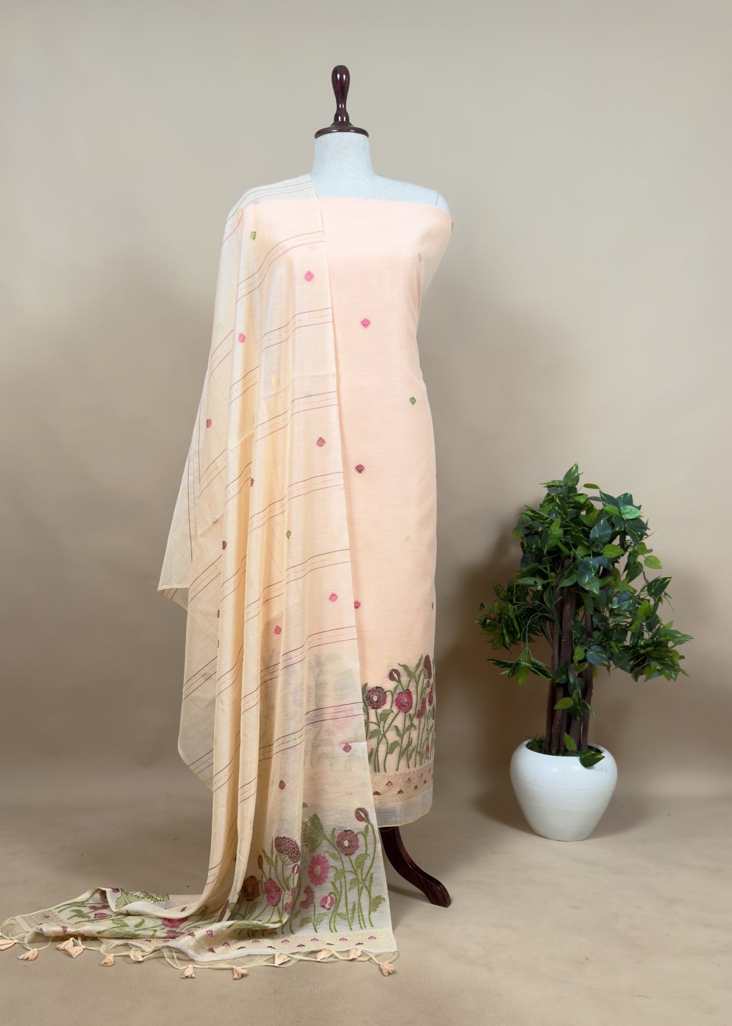 Pastel Pink Floral Jamdani Weaved Unstitched Suit In Linen Chanderi