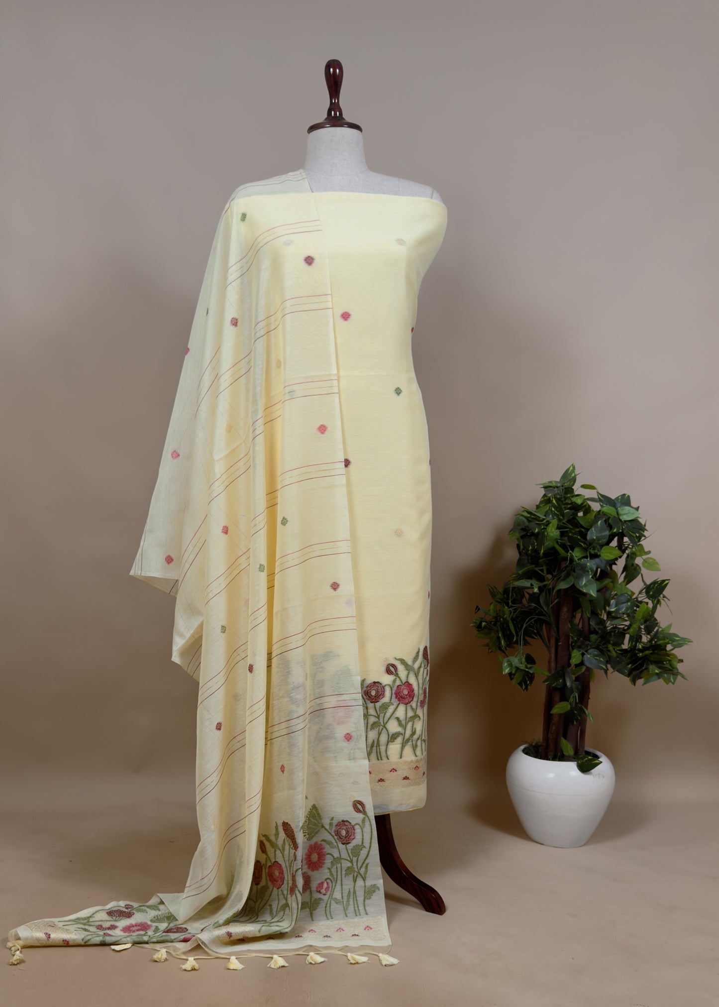 Green Floral Jamdani Weaved Unstitched Suit In Chanderi Fabric