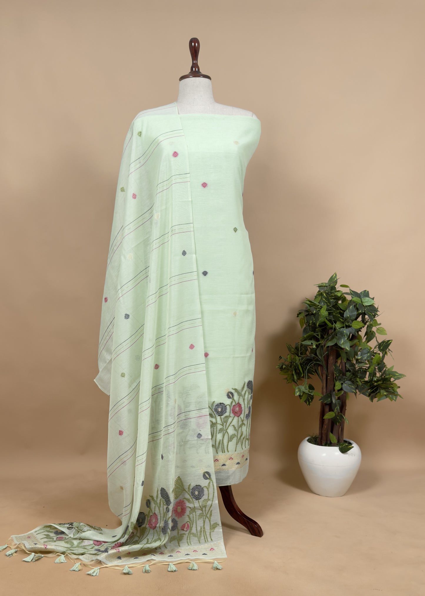 Peach Floral Jamdani Weaved Unstitched Suit In Chanderi Fabric