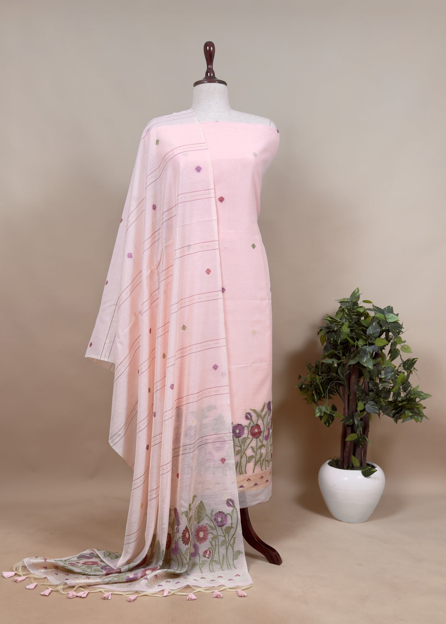 Peach Floral Jamdani Weaved Unstitched Suit In Chanderi Fabric