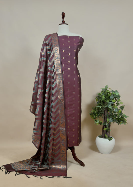 Wine Banarasi Katan Silk Suit With Dupatta