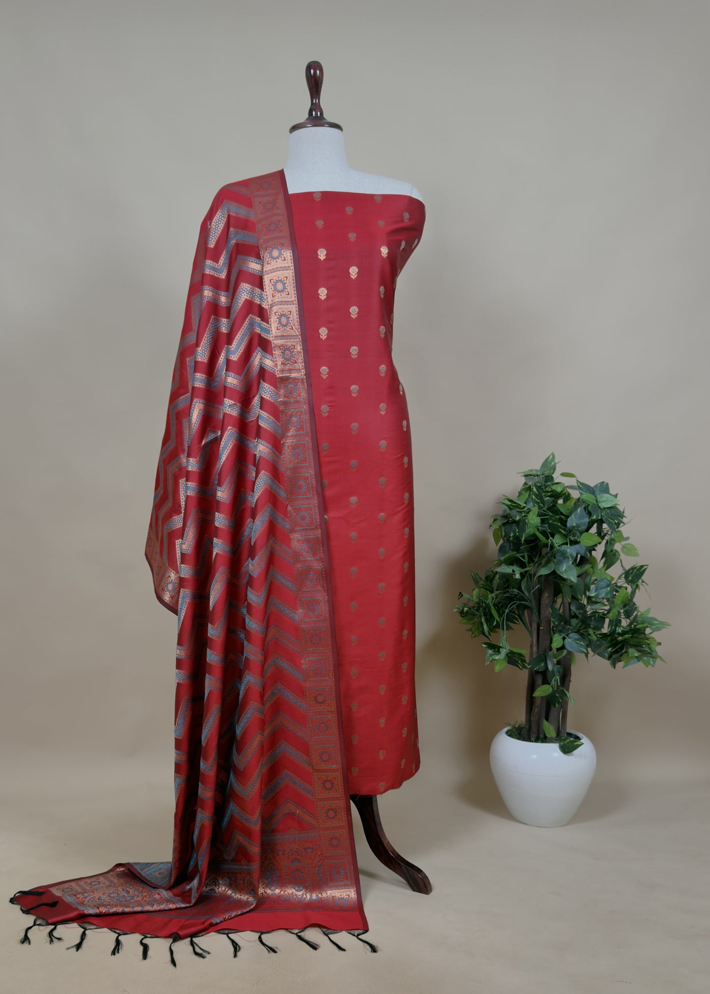 Wine Banarasi Katan Silk Suit With Dupatta