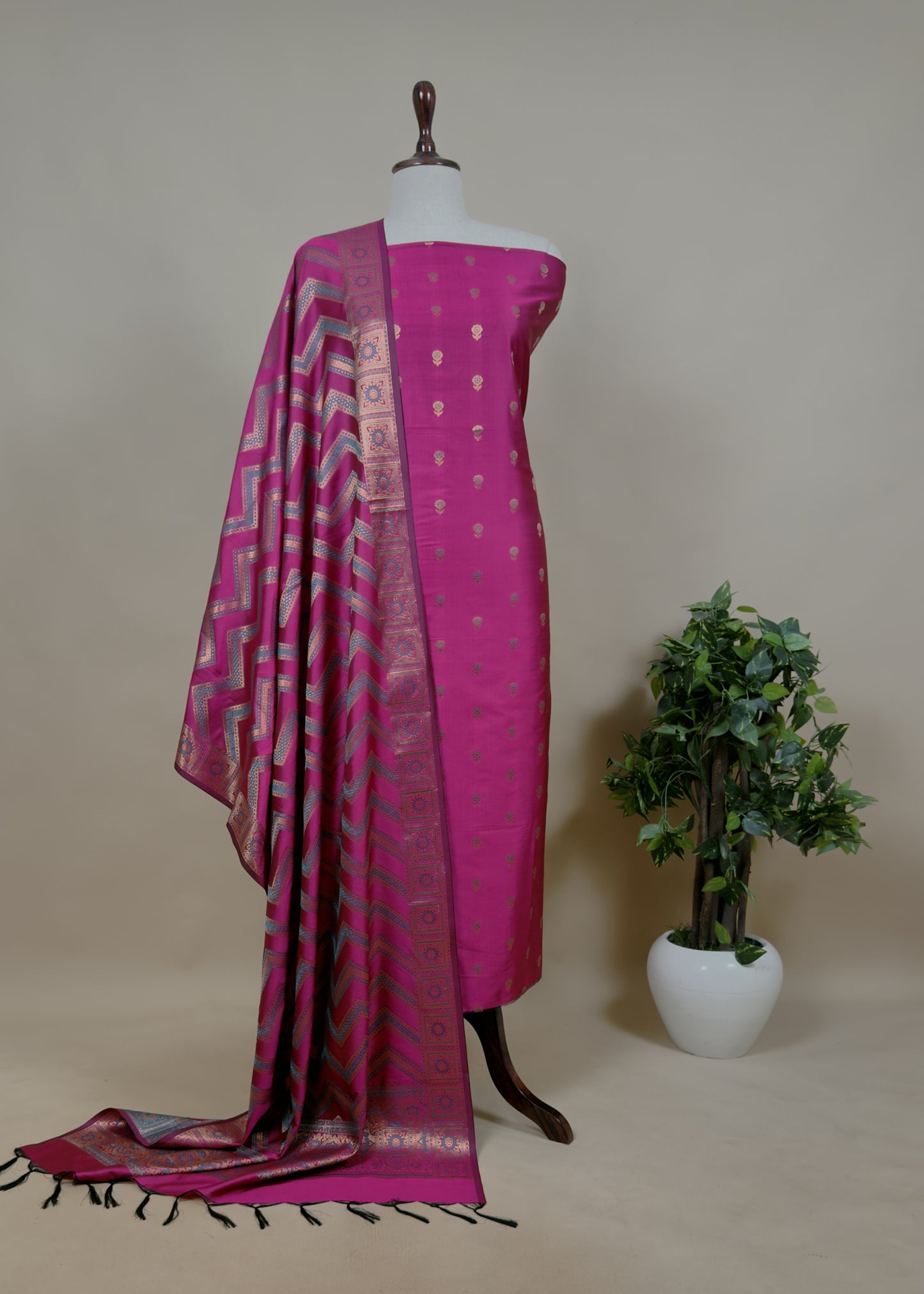 Wine Banarasi Katan Silk Suit With Dupatta