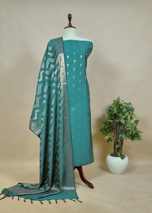 Aqua Green Banarasi Katan Silk Suit With Dupatta