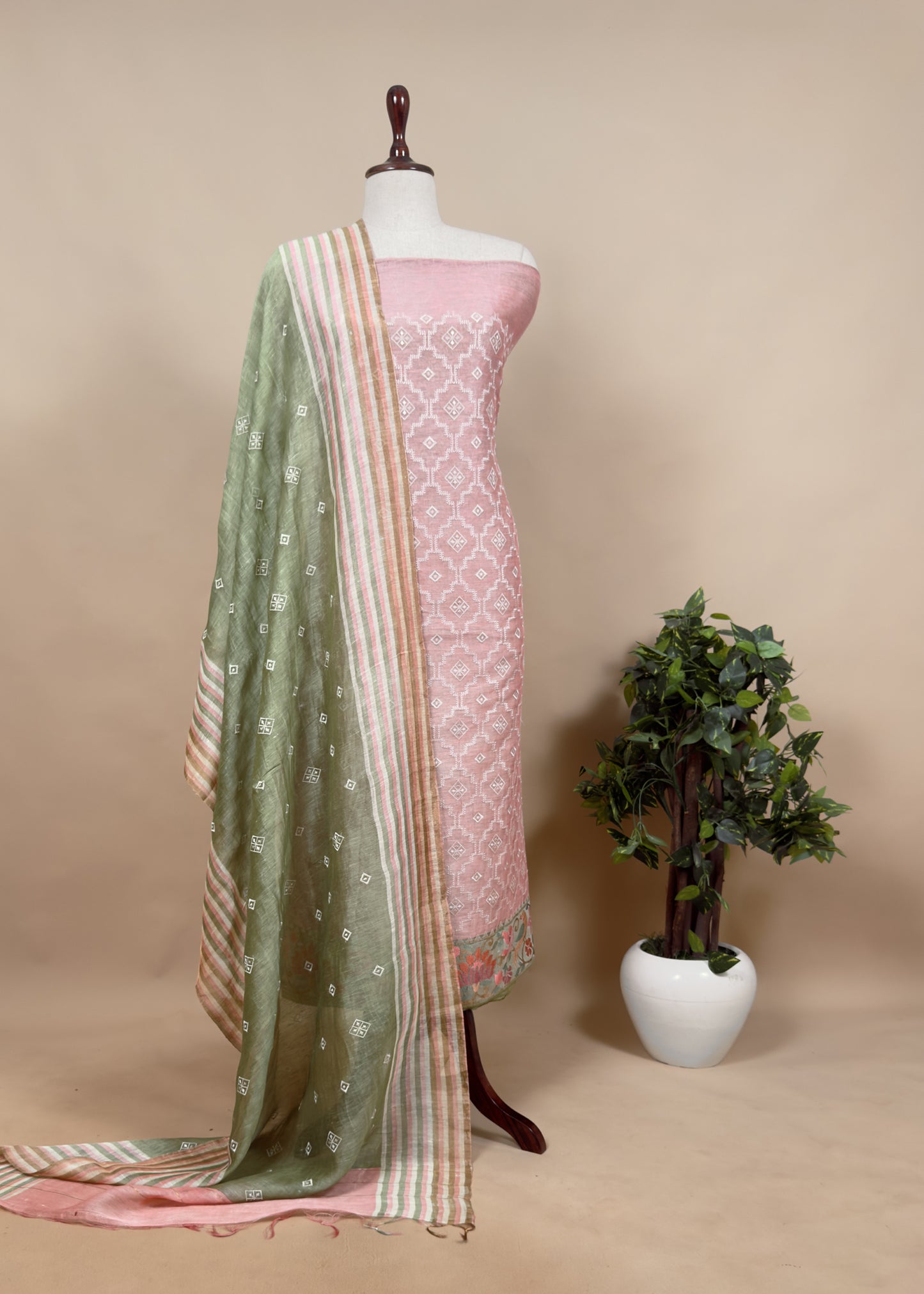 Green and Yellow Embroidered Linen Silk Unstitched Suit Set