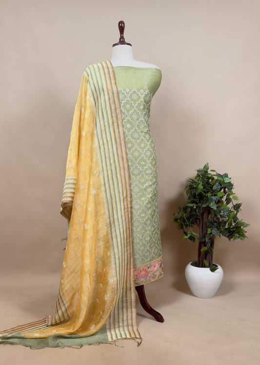 Green and Yellow Embroidered Linen Silk Unstitched Suit Set