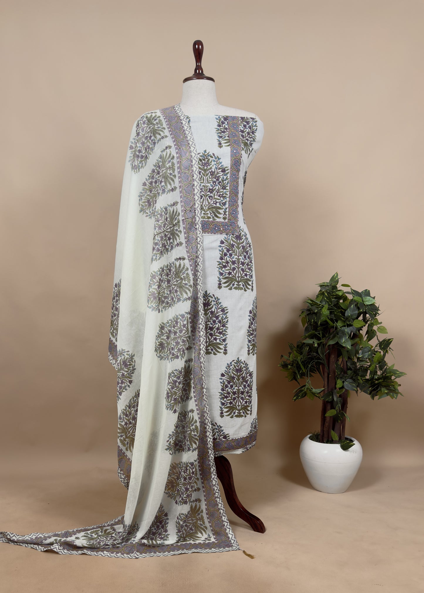 White With Purple Hand Block print Pure Mul Cotton Suit