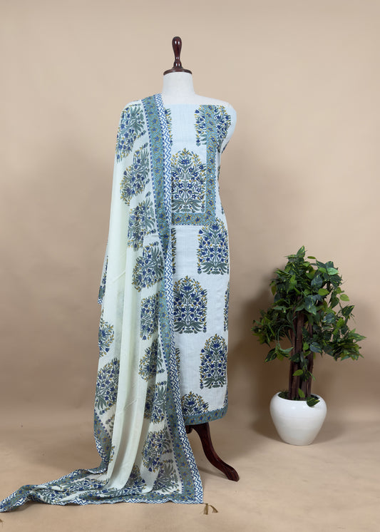 White With Blue Hand Block print Pure Mul Cotton Suit