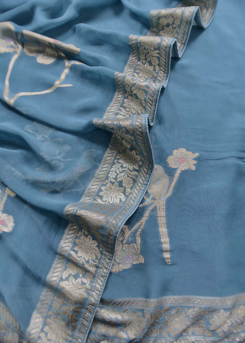 Blue Georgette Organza Suit With Zari Weaving