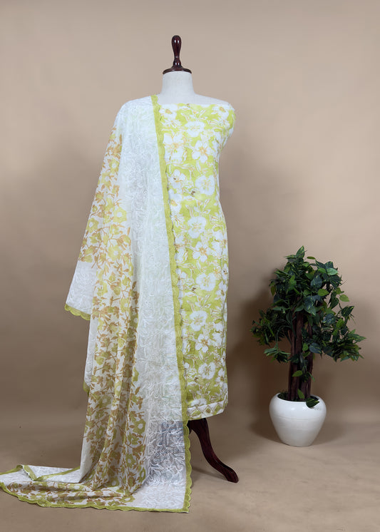 Lime Cotton Suit With Kota Embroidered Dupatta