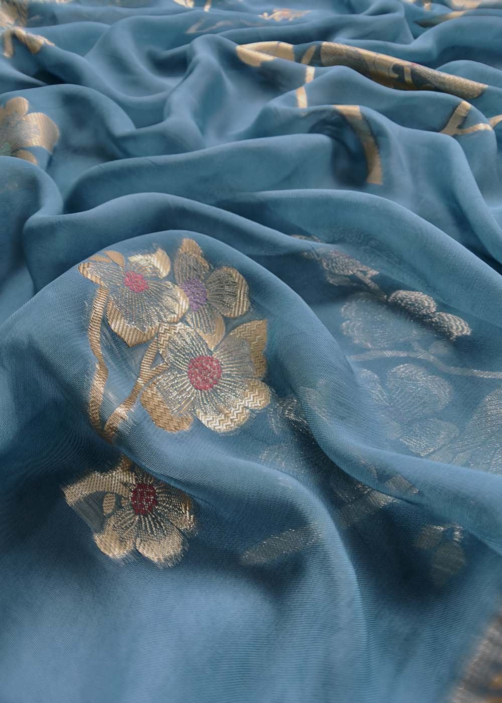 Blue Georgette Organza Suit With Zari Weaving