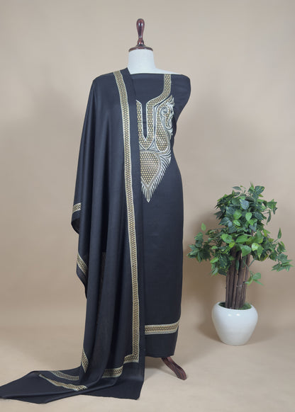 Pink Unstitched Woolen Suit With Aari Zari Embroidery work