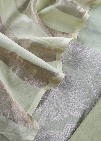 Pastel Green Pure Banarasi Silk Suit With Zari Weaving