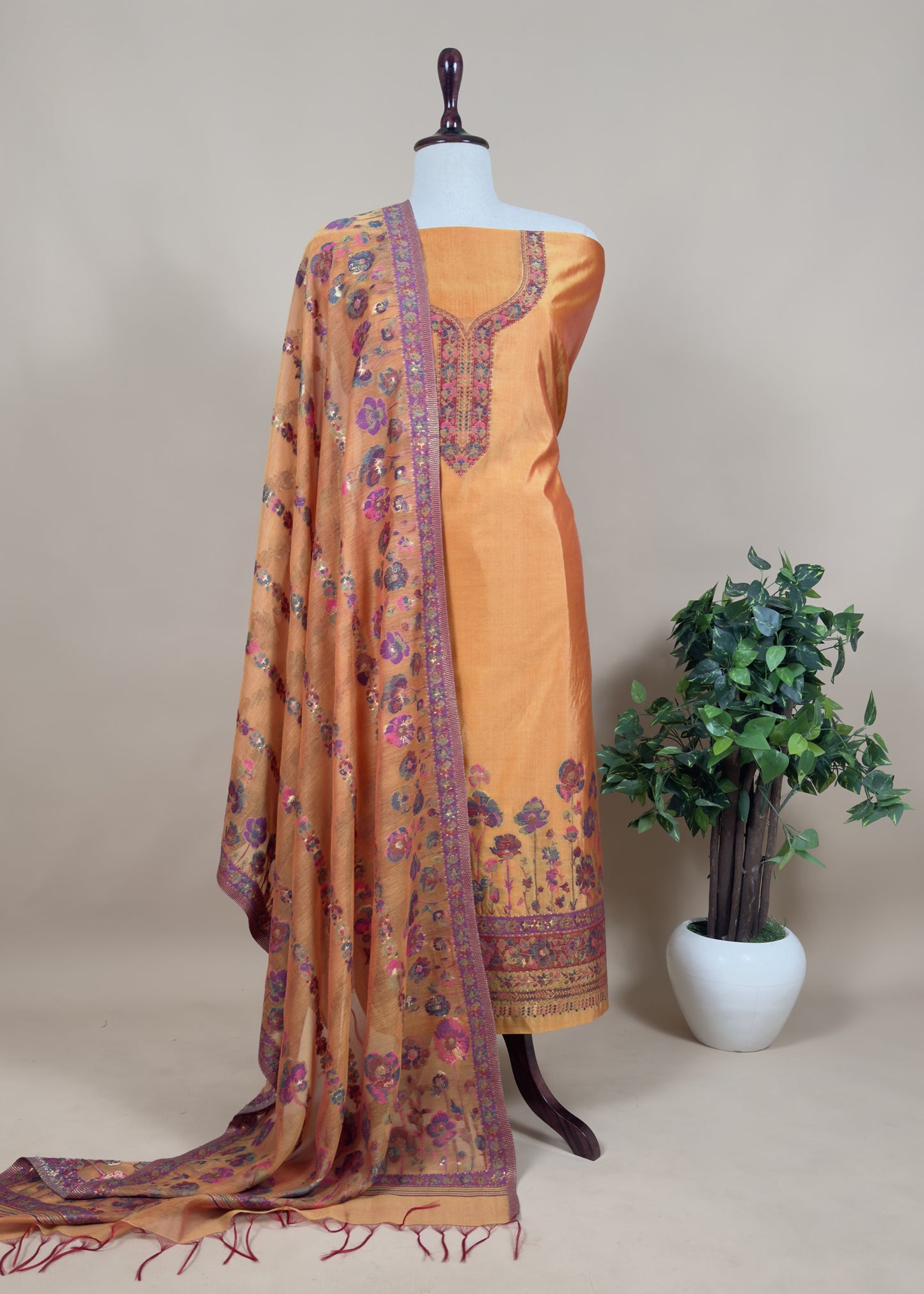 Yellow-Orange Satin Silk Unstitched Suit With Kani Weaving