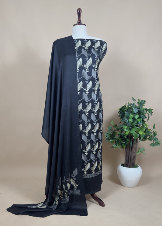 Black Unstitched Woolen Suit With Aari Zari Embroidery work