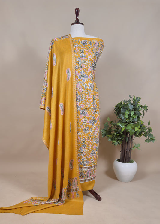 Yellow Unstitched Woolen Suit With Aari Zari Embroidery work