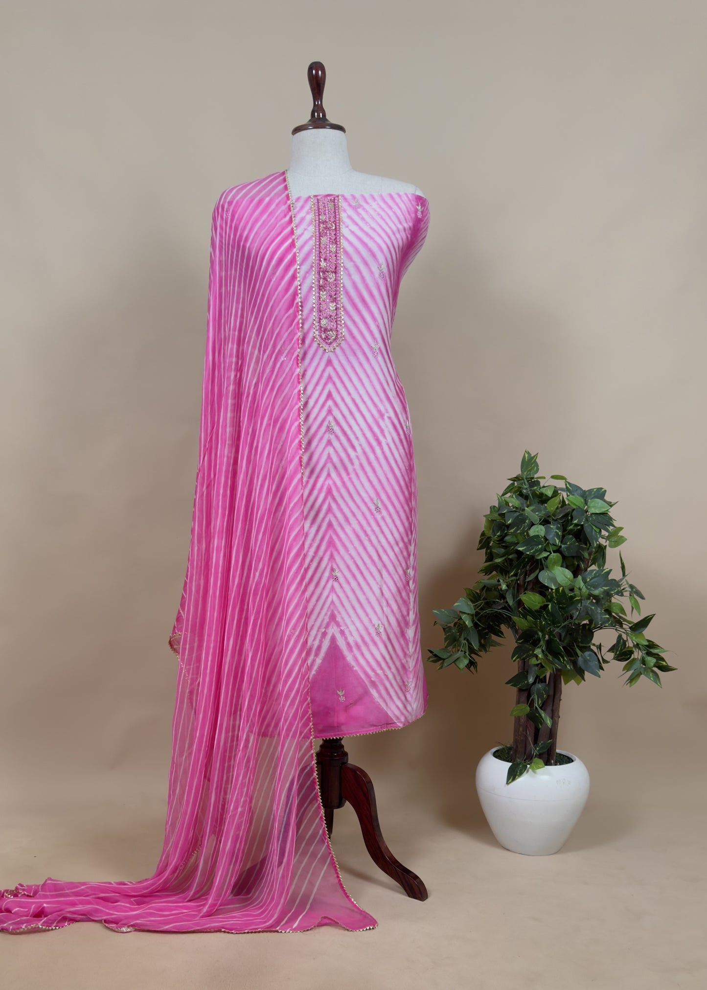 Lime Green Tie and Dye Leheriya Pure Chanderi Dupatta Suit With Gotapatti And Handwork