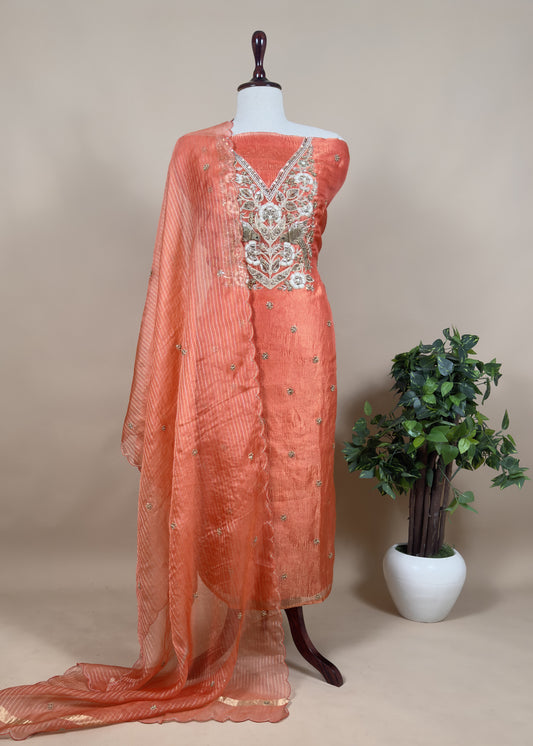 Peachy Orange Dabka And Zardozi Embroidered Crushed Suit