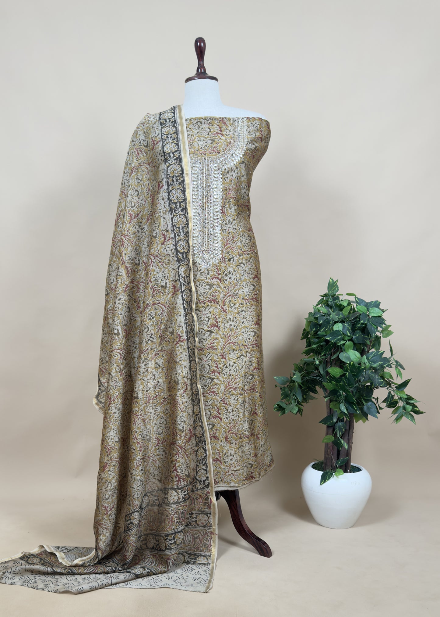 Red Sanganeri Block Printed Natural Dyed Ajrakh Suit In Chanderi