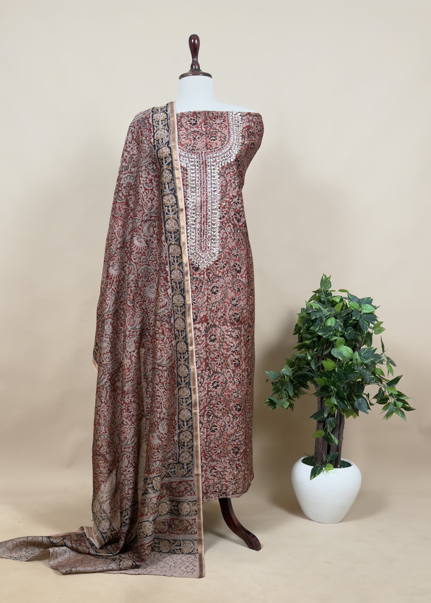 Yellow Sanganeri Block Printed Natural Dyed Ajrakh Suit In Chanderi