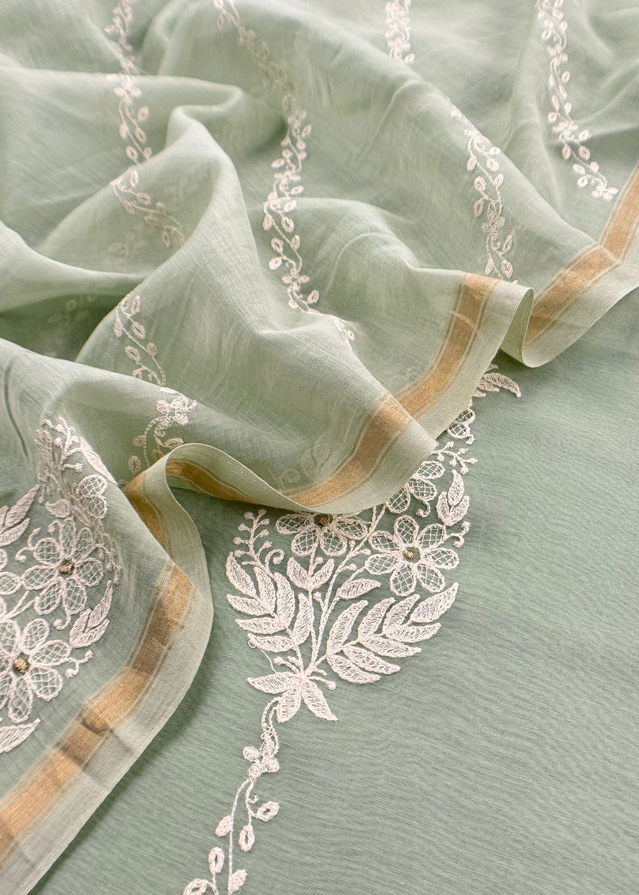 Mint Green Pure Mul Cotton Suit Beautiful Floral Embroidery
