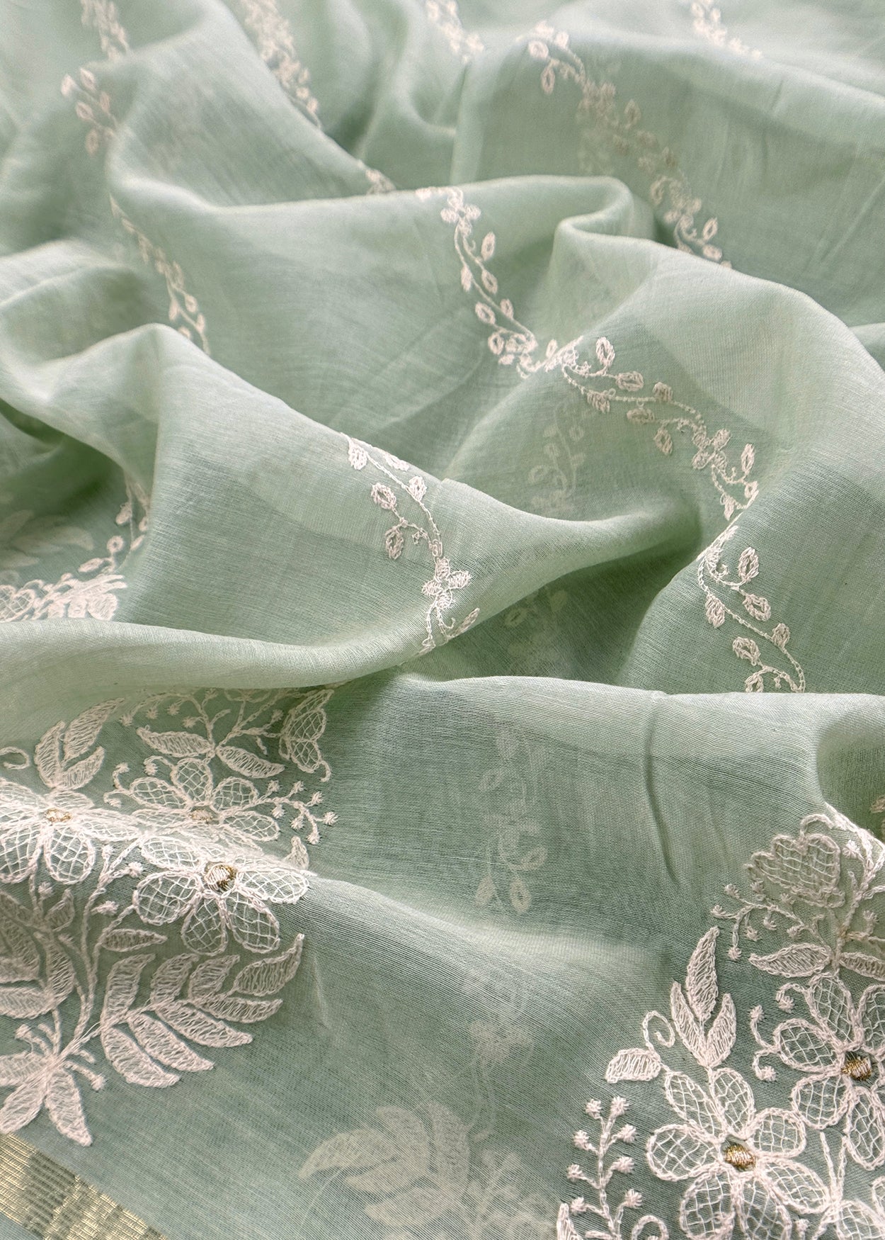 Mint Green Pure Mul Cotton Suit Beautiful Floral Embroidery