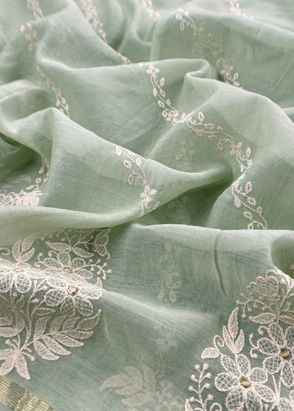 Mint Green Pure Mul Cotton Suit Beautiful Floral Embroidery