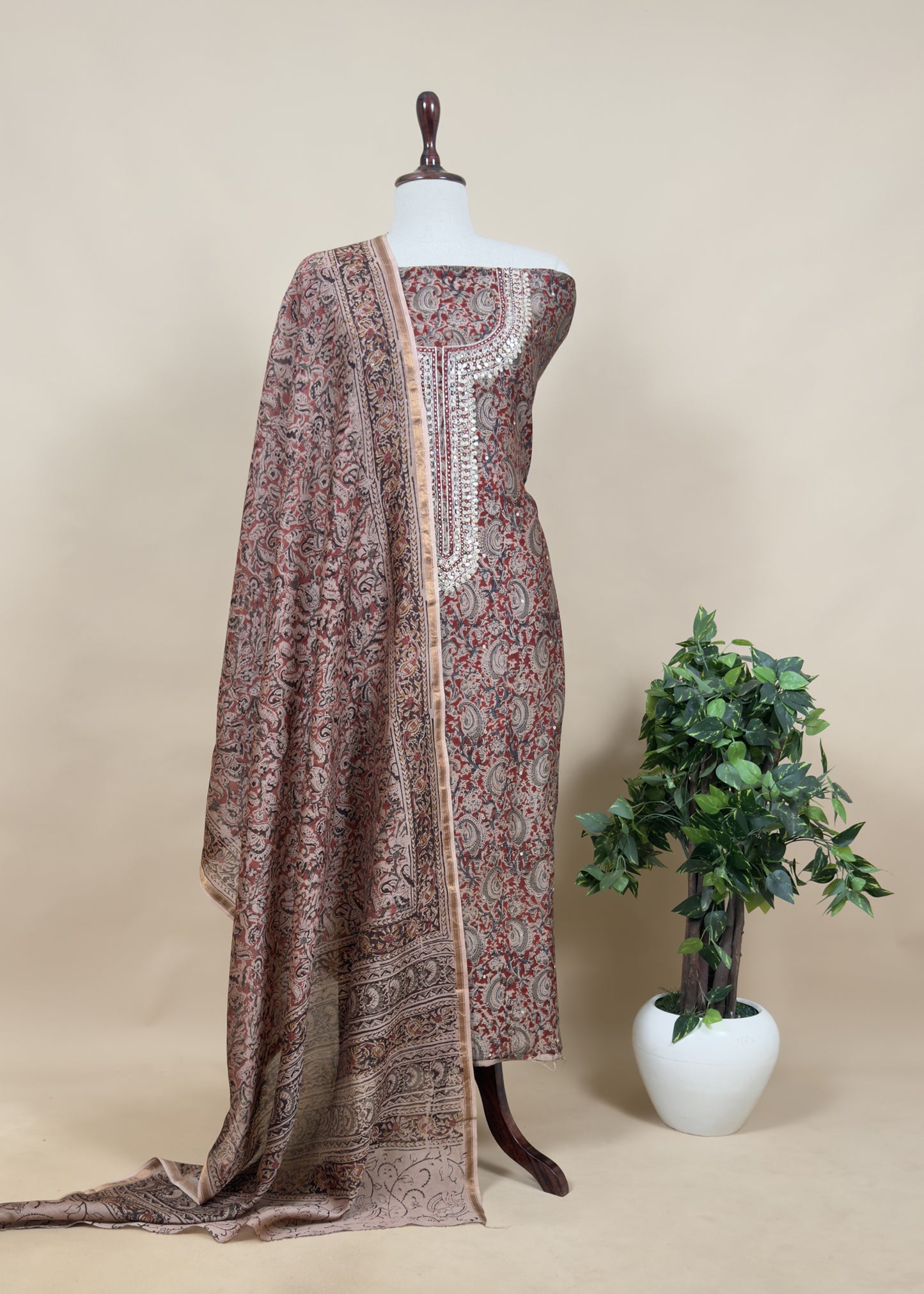 Red Sanganeri Block Printed Natural Dyed Ajrakh Suit In Chanderi