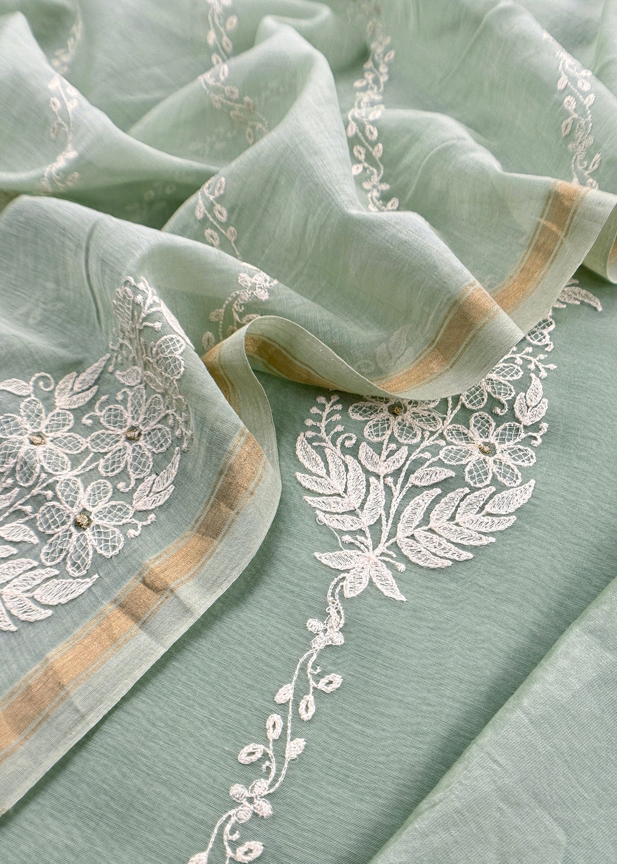 Mint Green Pure Mul Cotton Suit Beautiful Floral Embroidery
