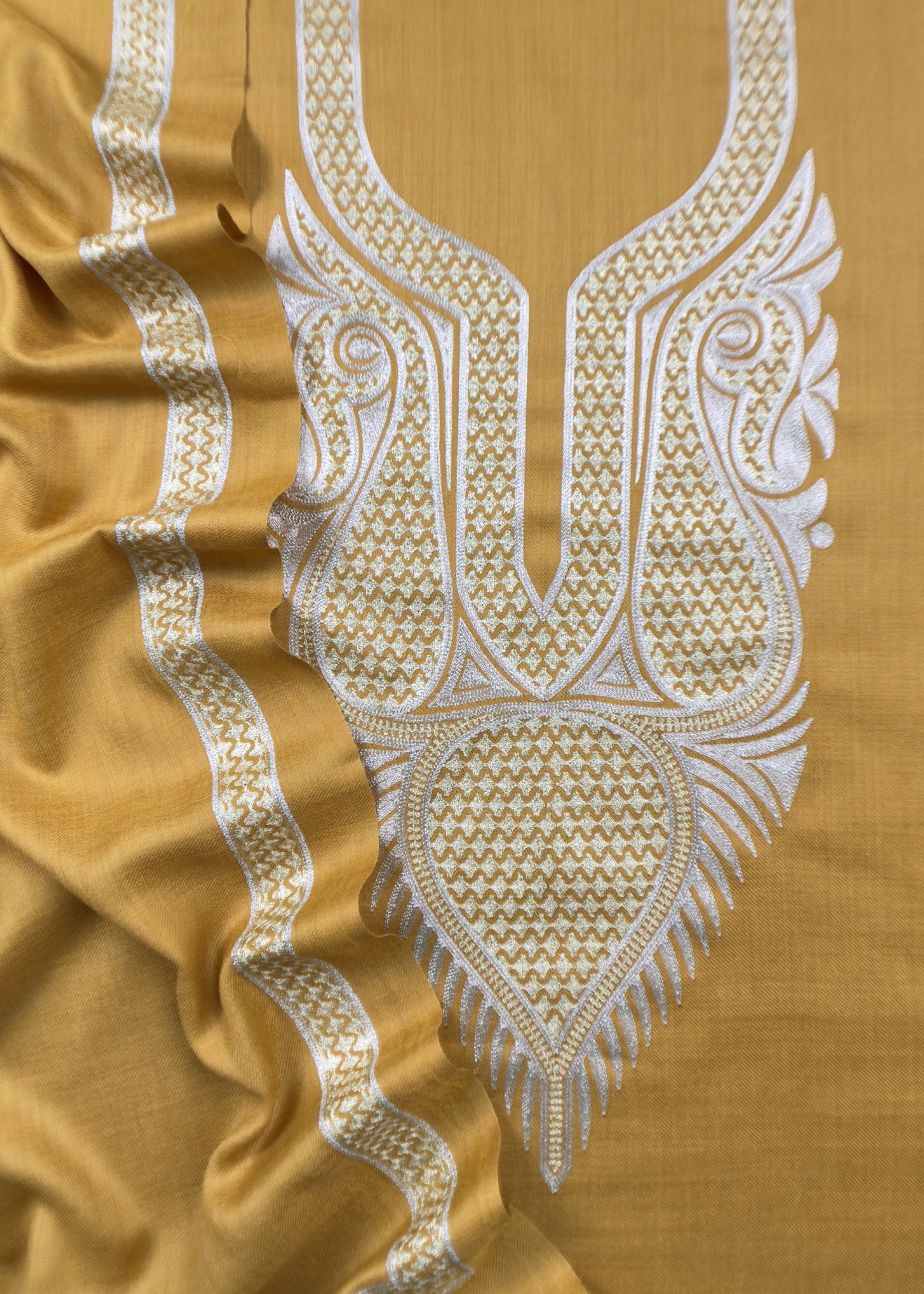 Yellow Unstitched Woolen Suit With Aari Zari Embroidery work