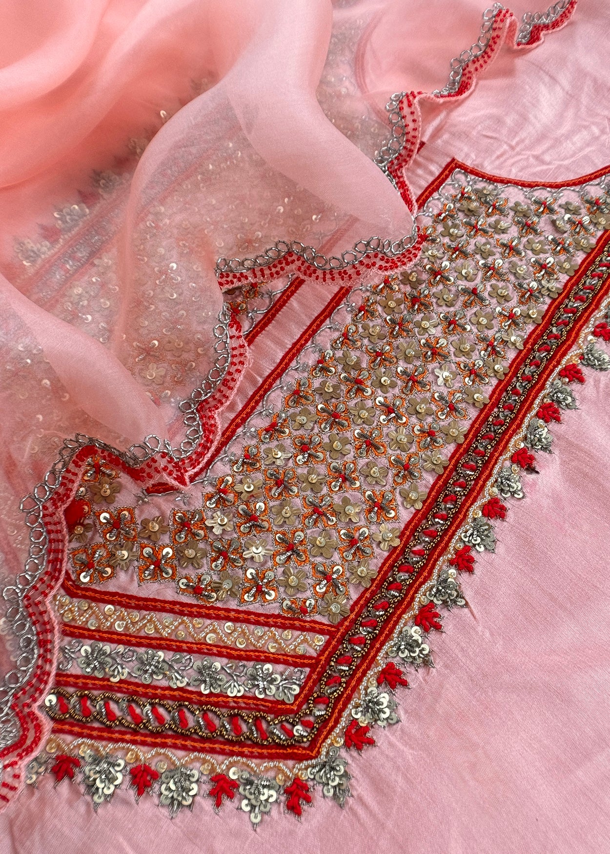 Luxe Baby Pink Dupion Silk Kurta and Kora Silk Dupatta With Handwork