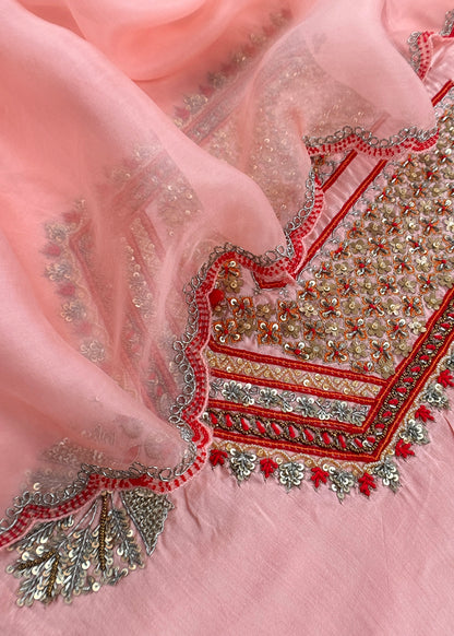Luxe Baby Pink Dupion Silk Kurta and Kora Silk Dupatta With Handwork